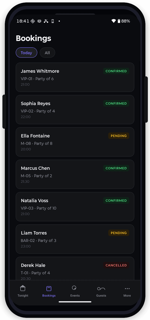 Venue Mobile bookings screen