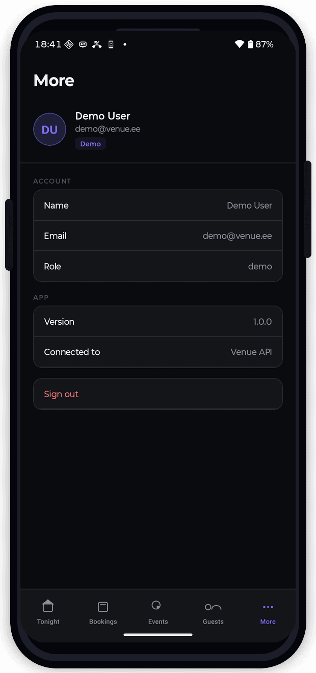 Venue Mobile profile screen