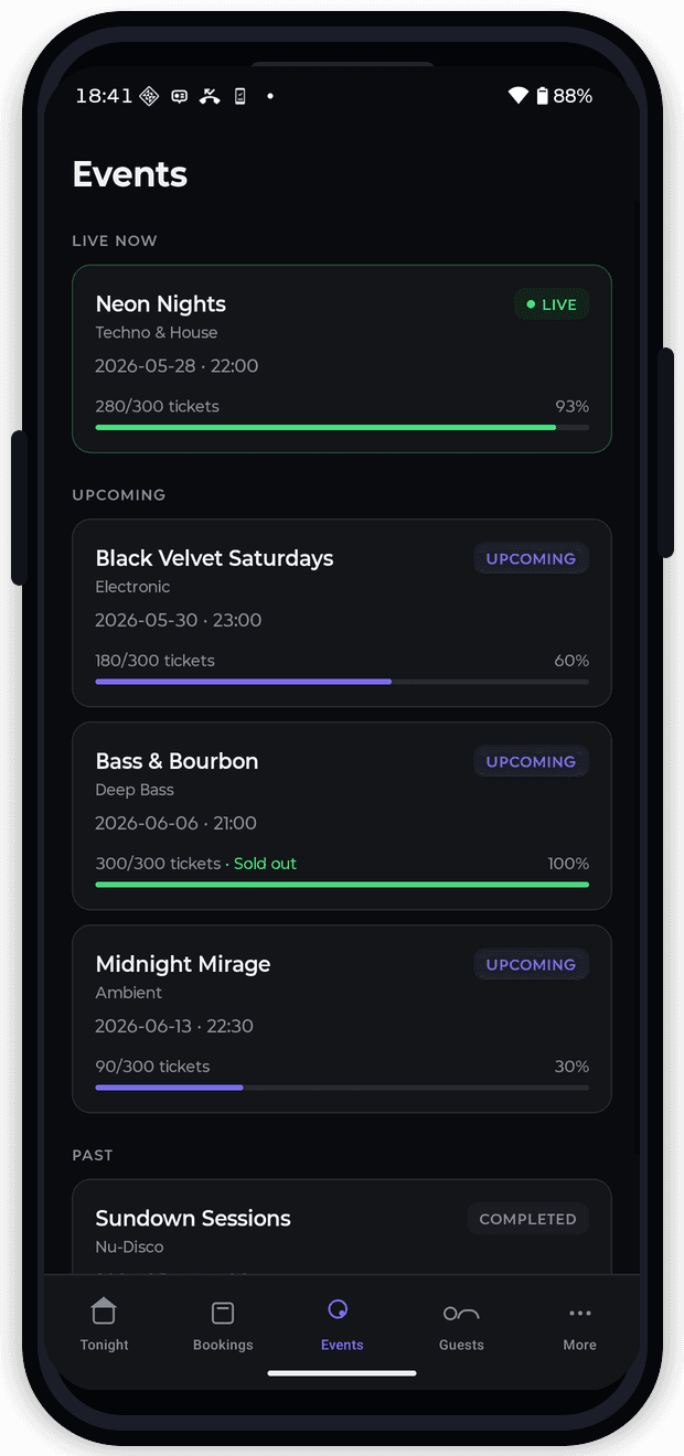 Venue Mobile events screen